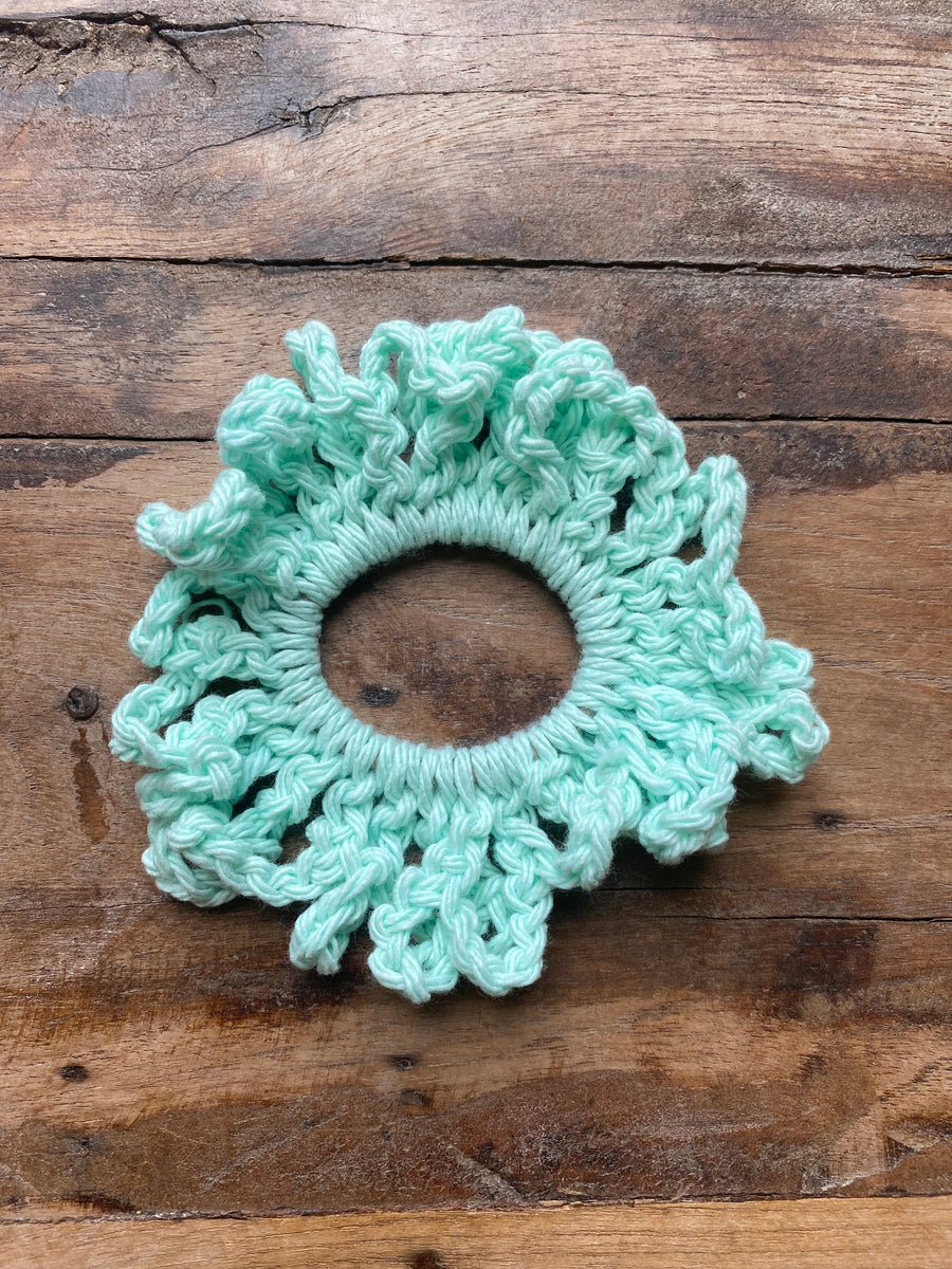 Turquoise Ombre & Vanilla Reversible Crochet Scrunch Tie Side Full